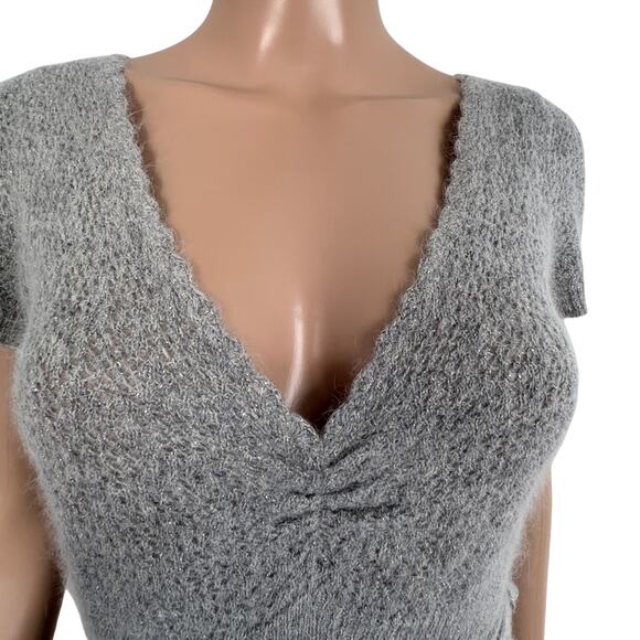 Angora Blend Knit Sweater Sparkle V Neck Belted Bodycon M Preppy Old Money Gray - Picture 3 of 8